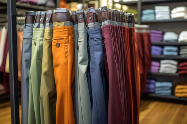 Spodnie na wieszakach w sklepie odzieżowym Spodnie przechowują nowe ubrania podczas zakupów Generacyjna AI
