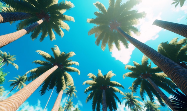 Spójrz na wysokie palmy na tle błękitnego nieba, przenosząc się do spokojnego tropikalnego raju na plaży