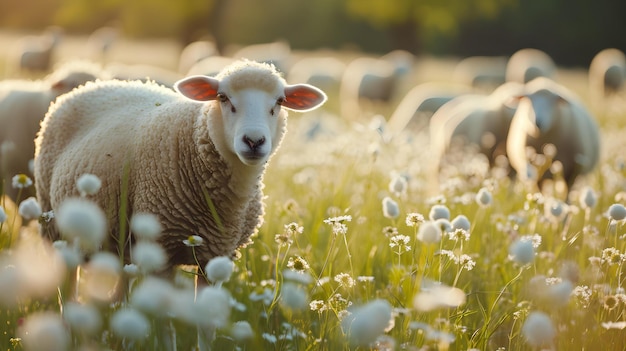 Spokój na łące ciekawa owca wśród kwiatów o zachodzie słońca spokojna scena pasterska AI
