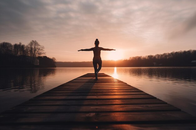 Spokój w ruchu Kobieta angażująca się w jogę o zachodzie słońca na molo nad jeziorem Wygenerowana sztuczna inteligencja