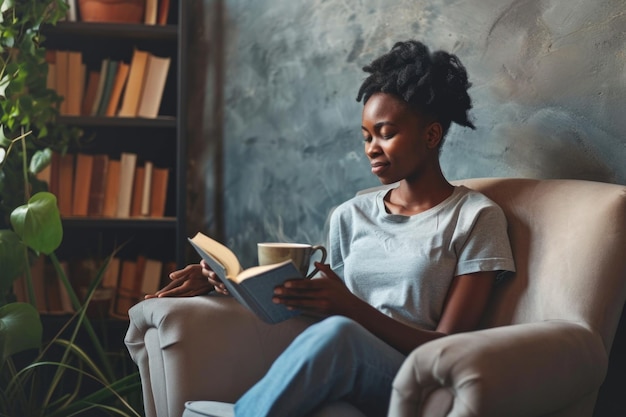Spokojna afroamerykańska kobieta czyta i odpoczywa w domu
