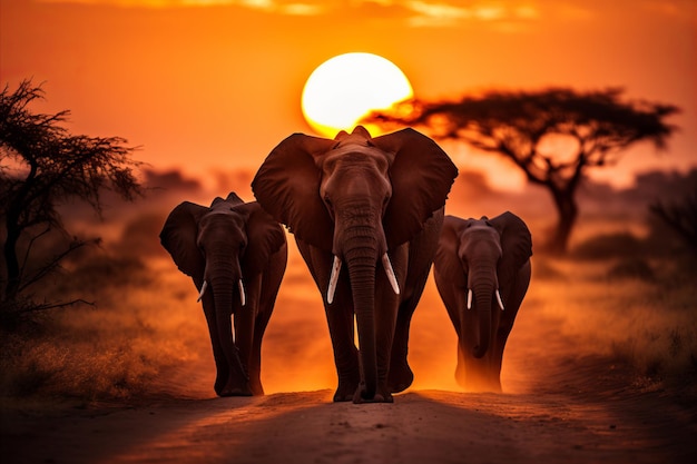 Spokojna afrykańska sawanna, wspaniałe słonie wędrujące swobodnie pod złotym zachodem słońca.