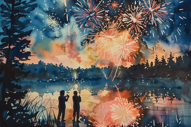 Spokojna akwareliczna scena fajerwerków przy jeziorze w Dzień Niepodległości