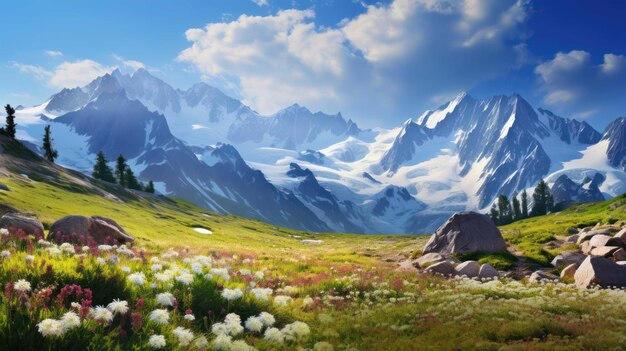 Spokojna alpejska łąka ozdobiona polnymi kwiatami