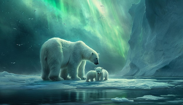 Zdjęcie spokojna arktyczna scena z matką niedźwiedzia polarnego i jej młode na lodzie lodowym