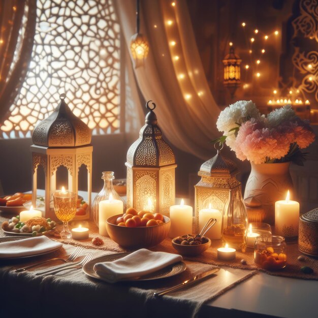 Zdjęcie spokojna atmosfera przed świtem suhoor posiłek z delikatnie zapalonymi świecami i przemyślany dekor w ramadanu