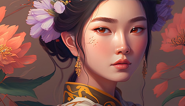 Spokojna azjatycka kobieta z odważnym makijażem i kwitnącymi kwiatami