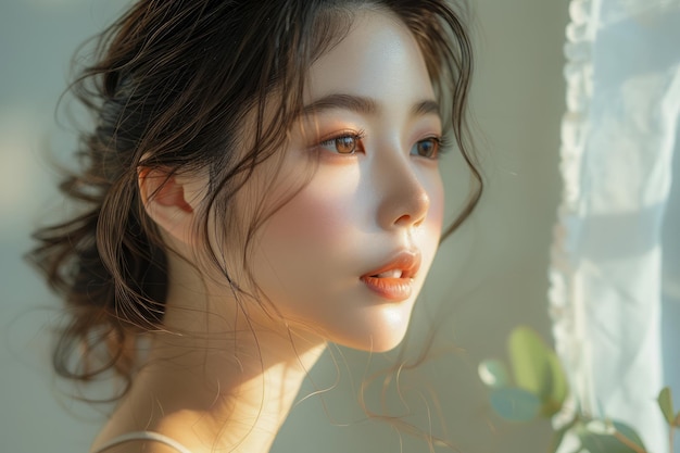 Spokojna azjatycka piękność w słońcu Młoda kobieta z naturalnym makijażem przy oknie