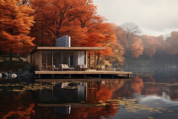 Spokojna chatka nad jeziorem otoczona jesienią