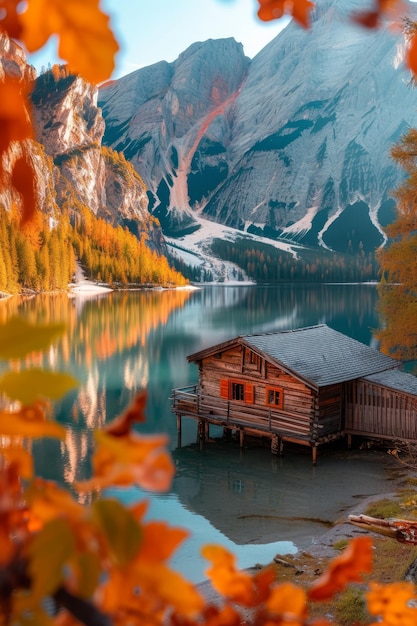 Spokojna chatka przy spokojnym jeziorze otoczona lasem w ogniu z jesiennymi kolorami odzwierciedlającymi spokojną atmosferę