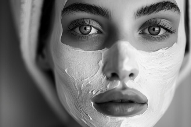 Spokojna czarno-biała pielęgnacja skóry twarzy, organiczne piękno, odmłodzenie i zdrowie w fascynującym monochromatycznym ujęciu, ponadczasowa opieka nad sobą, czystość czystej, zdrowej skóry.