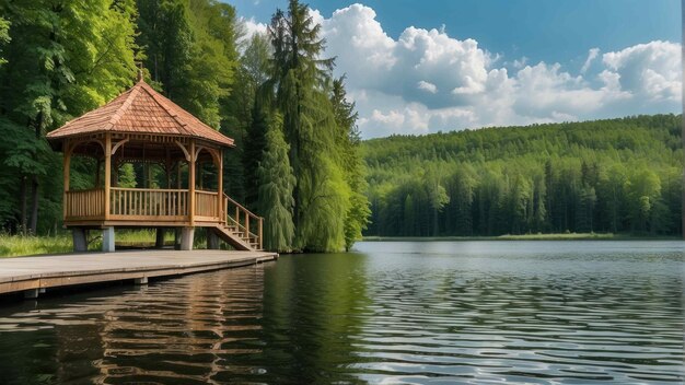 Spokojna gazebo nad jeziorem w zieleni