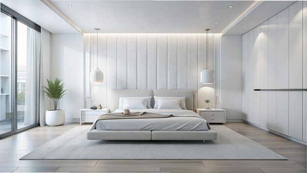 Spokojna i elegancka sypialnia oaza z nowoczesnym minimalistycznym projektem wnętrze sypialni hotelowej wnętrze minimalistyczne