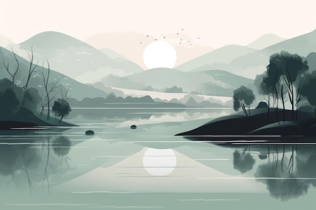 Spokojna i minimalistyczna ilustracja przedstawiająca górę w krajobrazie jeziora z chłodnymi, stonowanymi kolorami