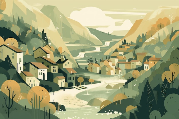 Spokojna i minimalistyczna ilustracja rustykalnej górskiej chaty położonej w spokojnej dolinie