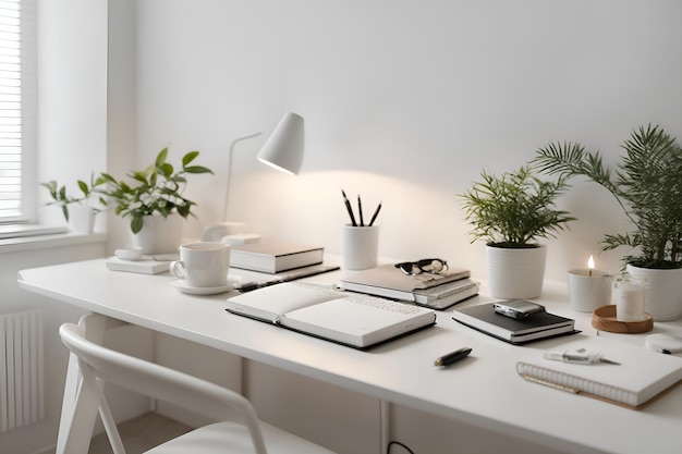 Spokojna i minimalistyczna przestrzeń robocza z nieskazitelnym białym biurkiem