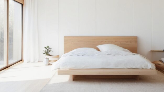 Spokojna i minimalistyczna sypialnia z skandynawskim wzorem z eleganckim łóżkiem platformowym