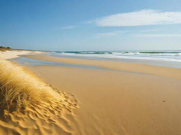 Zdjęcie spokojna i przyjemna scena piaszczystej plaży z miękkim złotym piaskiem i łagodnymi falami