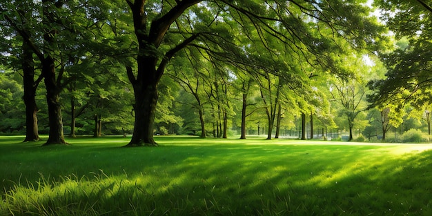 Spokojna i zachęcająca scena przedstawiająca bujną zieloną trawę i tętniące życiem lasy w parku