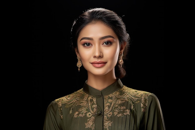 Spokojna Indonezyjka w zielonej bluzce kebaya ze złotymi akcentami na czarnym tle