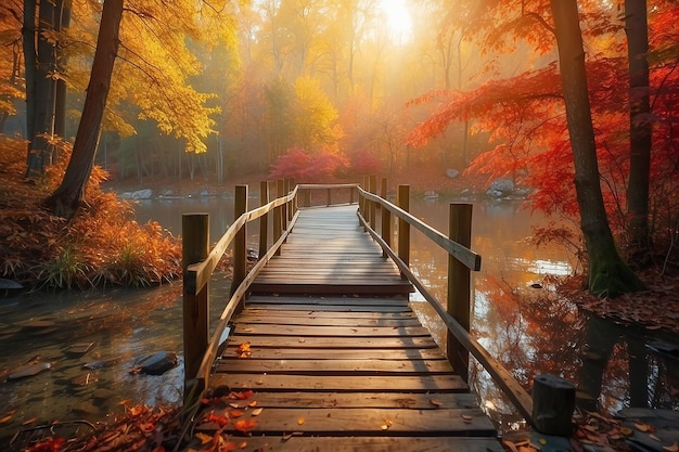 Spokojna jesienna scena Most nad jeziorem w Złotym Lasie
