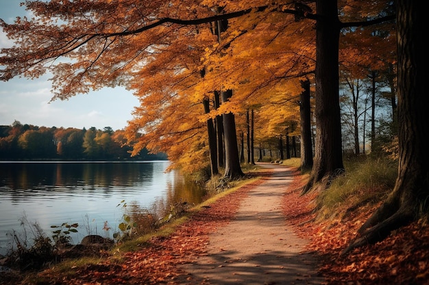 Spokojna jesienna ścieżka przy spokojnym jeziorze