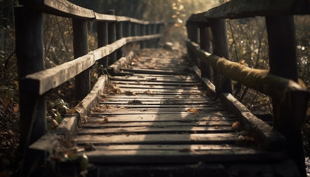 Spokojna kładka łączy w sobie piękno stworzone przez człowieka i naturalne piękno wygenerowane przez sztuczną inteligencję