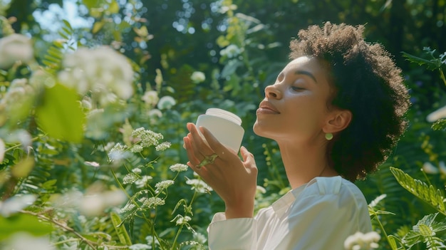 Zdjęcie spokojna kobieta cieszy się chwilą spokoju przy kawie na łące dzikich kwiatów wśród piękna natury