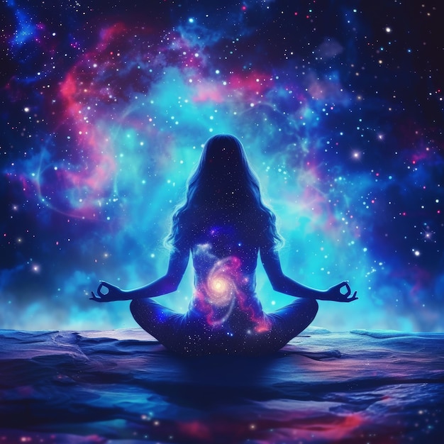 Spokojna kobieta medytująca w pozycji lotosu z kosmicznym blaskiem Generatywna sztuczna inteligencja.