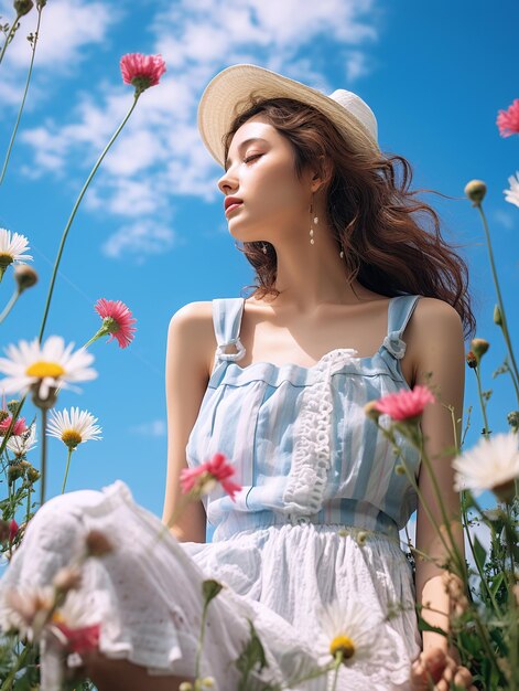 Zdjęcie spokojna kobieta na kwiatowym polu opalająca się w letnim słońcu na tle niebieskiego nieba i białych chmur