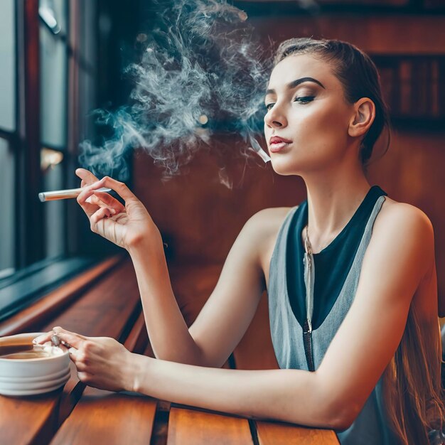 Spokojna kobieta siedzi i pali, odpoczywając przy stole
