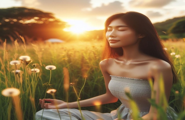 Spokojna kobieta z Azji w aktywności duchowej na zewnątrz na łąki Spokojna kobieta z Azji o zachodzie słońca