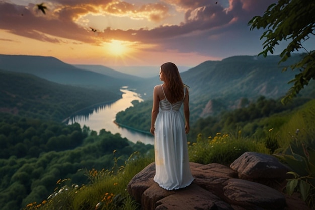 Zdjęcie spokojna kobieta z widokiem na tętniący życiem krajobraz przy zachodzie słońca