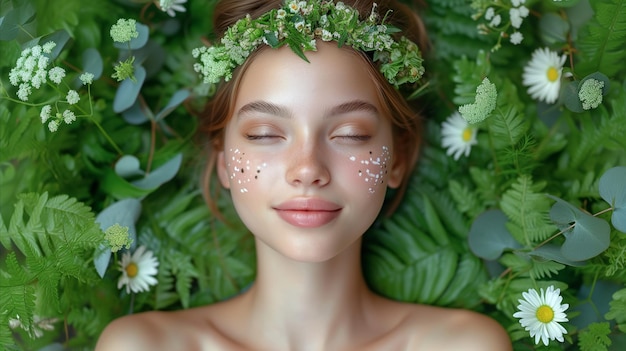 Spokojna kobieta z wieńcem kwiatowym leżąca w naturze koncepcja piękna i spokoju