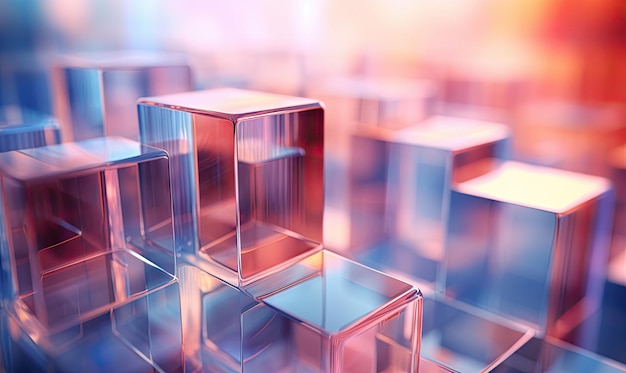 Spokojna kompozycja półprzezroczystej szklanej kostki kąpanej w gradiencie niebieskiego do różowego oświetlenia AI Generative