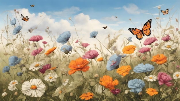 Spokojna łąka pełna dzikich kwiatów i motyli