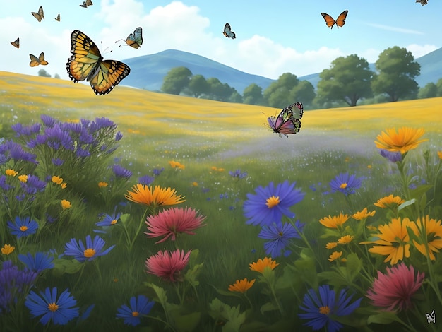 Spokojna łąka pełna kolorowych dzikich kwiatów i motyli latających wokół