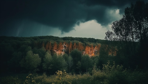 Spokojna łąka żółte słońce zielone drzewo błękitne niebo generowane przez AI