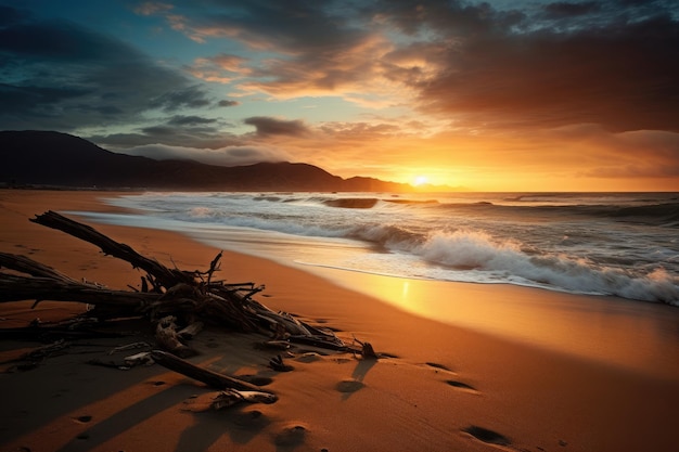 Spokojna malownicza scena wieczorna uchwycona podczas zachodu słońca nad spokojnymi falami plaży Spokojna scena opuszczonej plaży o wschodzie słońca
