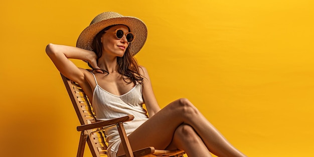 Spokojna młoda dama ubrana w letni strój leży na krześle z rękami za głową na stałym żółtym tle reprezentującym ideę ucieczki wakacyjnej za granicą