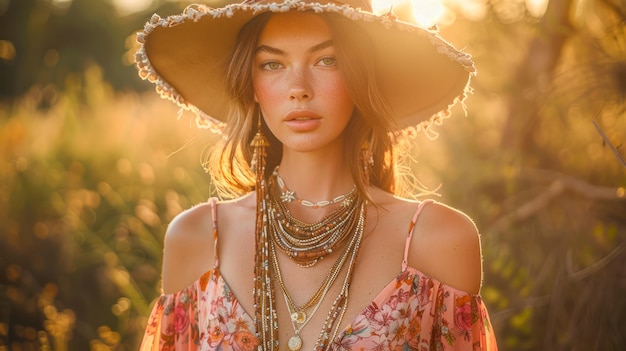Spokojna młoda kobieta w kwiatowej sukience i kapeluszu cieszy się złotą godziną w przyrodzie