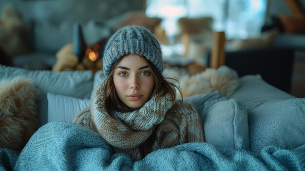 Spokojna młoda kobieta w przytulnym zimowym stroju odpoczywa na kanapie otoczona ciepłymi koce