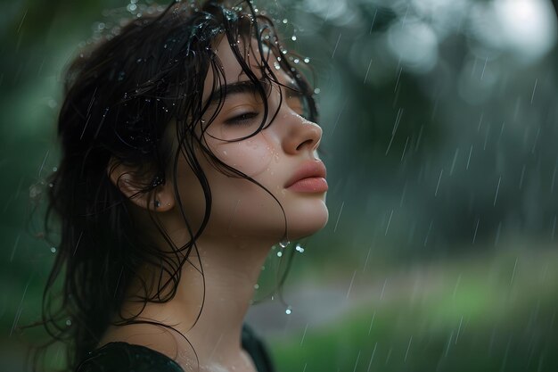 Spokojna młoda kobieta z kropelami deszczu na twarzy uściskająca deszcz