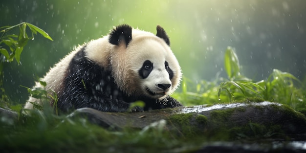 Spokojna młoda panda ciesząca się delikatnym deszczem w bujnym lesie