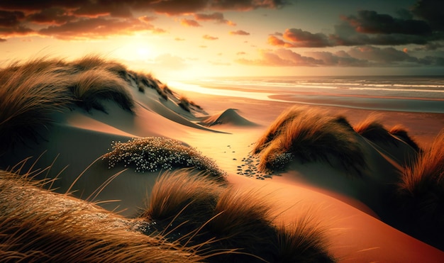 Spokojna nadmorska scena zachodu słońca z ruchomymi wydmami i spokojnym Morzem Północnym