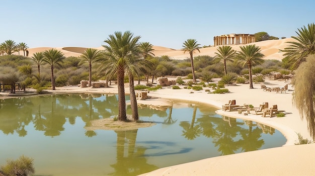 Spokojna oaza otoczona wydmami i starożytnymi ruinami
