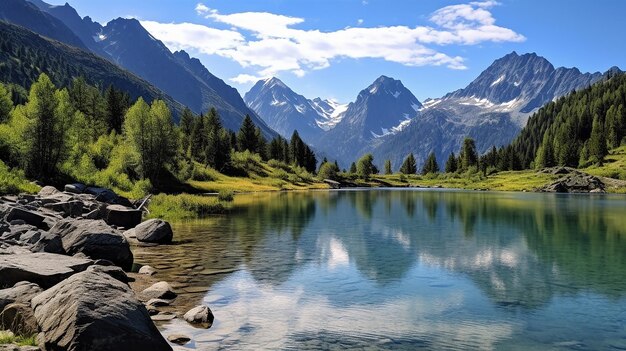 Zdjęcie spokojna oaza w spokojnym jeziorze górskim pośród wysokich szczytów