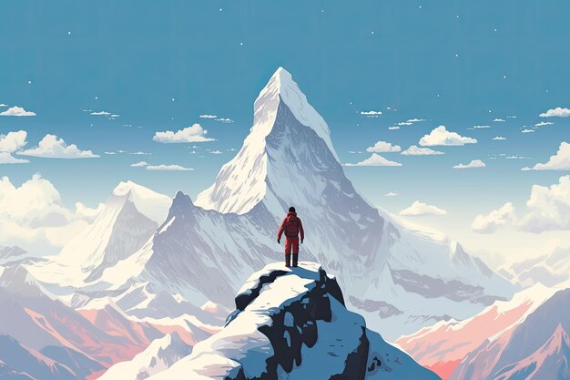Spokojna obecność człowieka na pokrytym śniegiem szczycie górskim