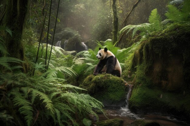 Spokojna panda delektująca się bambusem w bujnym lesie generatywnym IA