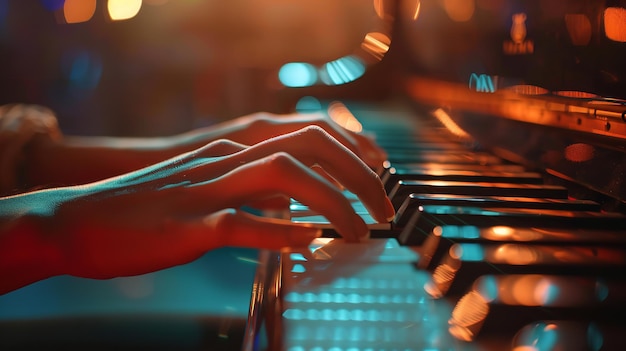 Spokojna pianistka gra melodię na syntezatorze w zdjęciu bocznym z Generative AI